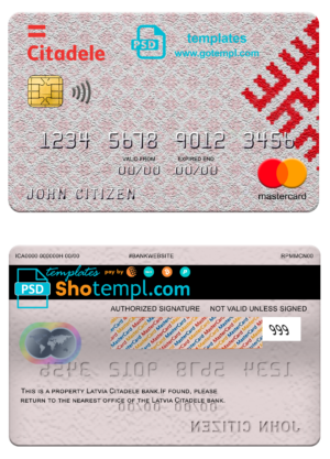 editable template, Latvia Citadele bank mastercard, fully editable template in PSD format