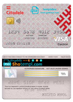 editable template, Latvia Citadele bank visa electron card, fully editable template in PSD format