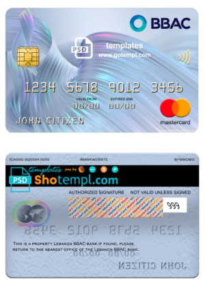 editable template, Lebanon BBAC bank mastercard, fully editable template in PSD format