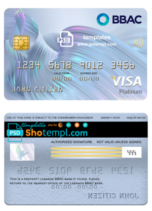 editable template, Lebanon BBAC bank visa platinum card, fully editable template in PSD format