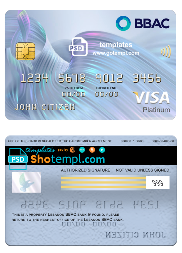 editable template, Lebanon BBAC bank visa platinum card, fully editable template in PSD format