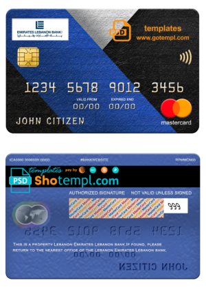 editable template, Lebanon Emirates Lebanon bank mastercard, fully editable template in PSD format