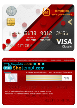editable template, Liberia Central bank visa classic card, fully editable template in PSD format