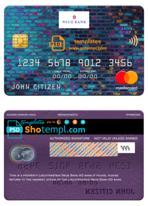 editable template, Liechtenstein Neue bank mastercard, fully editable template in PSD format