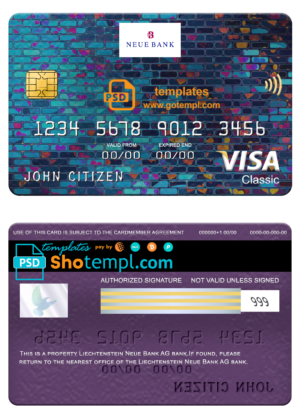 editable template, Liechtenstein Neue bank visa classic card, fully editable template in PSD format