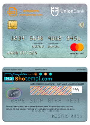 editable template, Liechtenstein Union bank mastercard, fully editable template in PSD format