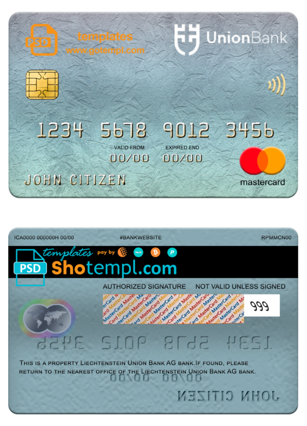editable template, Liechtenstein Union bank mastercard, fully editable template in PSD format