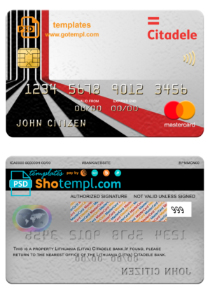 editable template, Lithuania (Litva) Citadele bank mastercard, fully editable template in PSD format
