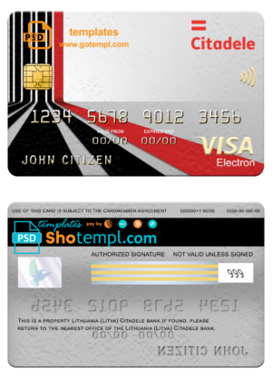 editable template, Lithuania (Litva) Citadele bank visa electron card, fully editable template in PSD format