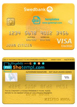 editable template, Lithuania Swedbank visa elrctron card, fully editable template in PSD format