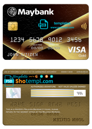 editable template, Malaysia Maybank visa gold card, fully editable template in PSD format