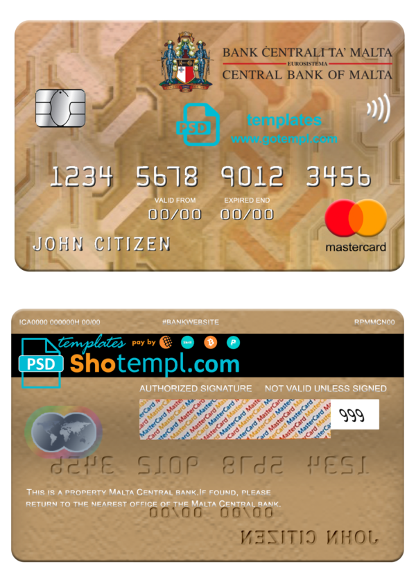 editable template, Malta Central bank mastercard, fully editable template in PSD format