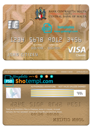 editable template, Malta Central bank visa classic card, fully editable template in PSD format