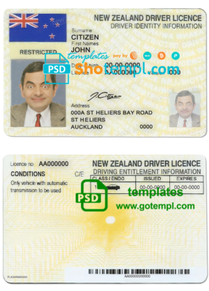 editable template, New Zealand driving license template in PSD format, fully editable
