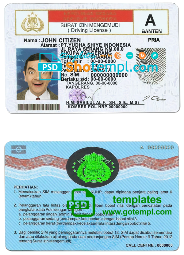 editable template, Indonesia driving license template in PSD format, fully editable