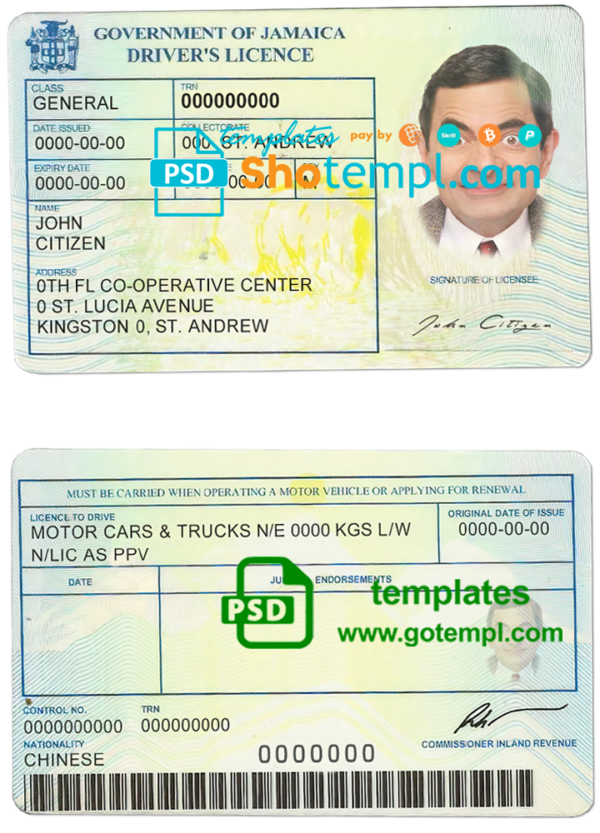 editable template, Jamaica driving license template in PSD format, fully editable