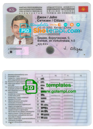 editable template, Kyrgyzstan driving license template in PSD format, fully editable