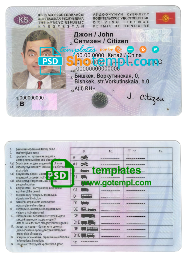 editable template, Kyrgyzstan driving license template in PSD format, fully editable