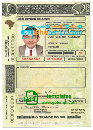 editable template, Brazil (Rio Grande do Sul) driving license template in PSD format