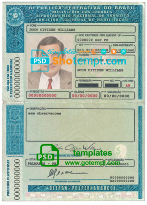 editable template, Brazil (Detran-Pe, Pernambuco) driving license template in PSD format