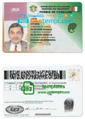 editable template, Cote D'Ivoire driving license template in PSD format, fully editable