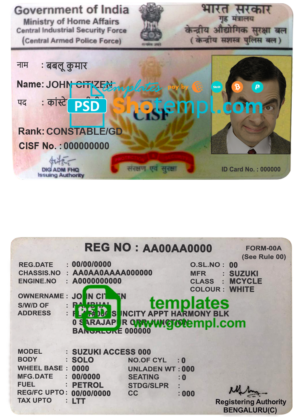 editable template, India CISF driver license template in PSD format, fully editable