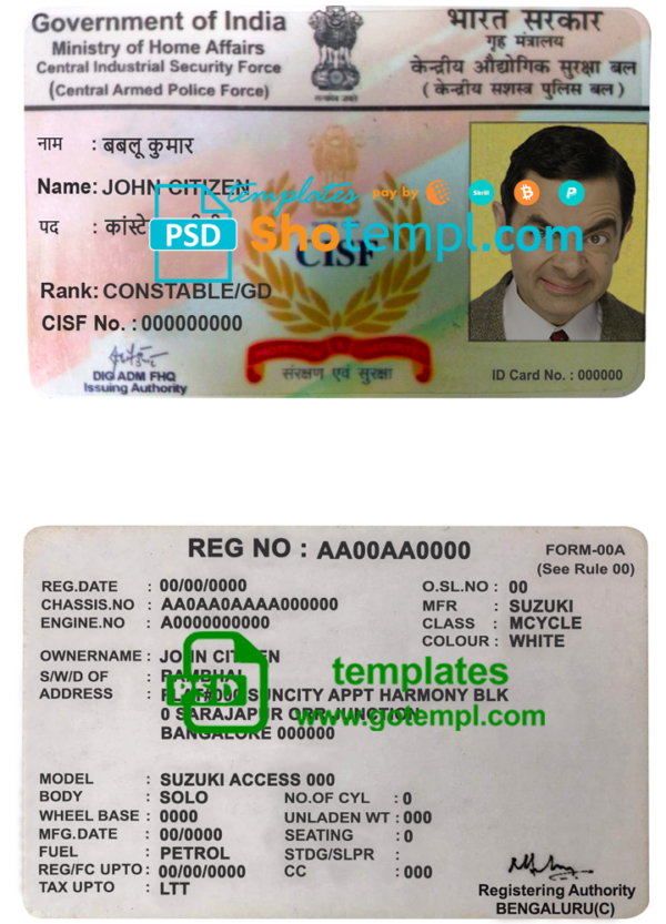 editable template, India CISF driver license template in PSD format, fully editable