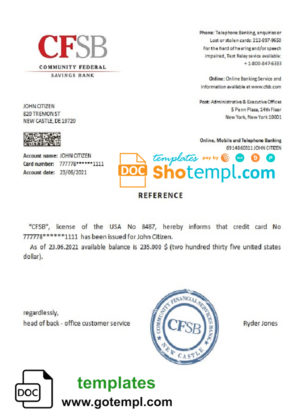 editable template, USA CFSB bank account reference letter template in Word and PDF format