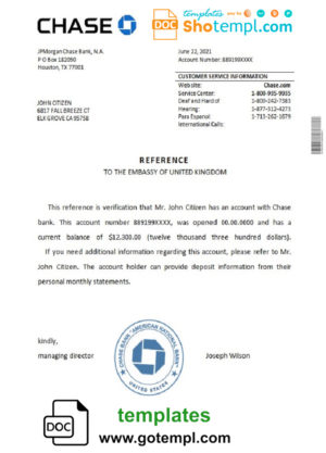 editable template, USA Chase bank reference letter template in Word and PDF format