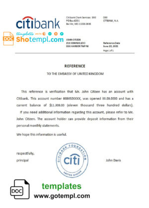 editable template, USA Citibank bank account reference letter template in Word and PDF format