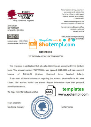 editable template, USA First Century Bank bank account reference letter template in Word and PDF format