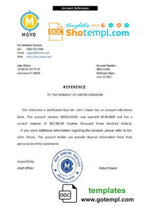 editable template, USA Movo bank account reference letter template in Word and PDF format