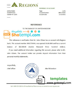 editable template, USA Regions bank account reference letter template in Word and PDF format