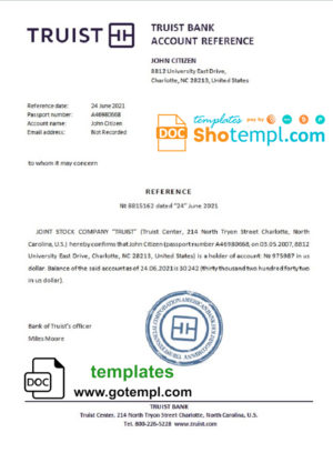 editable template, USA Truist Bank bank account balance reference letter template in Word and PDF format