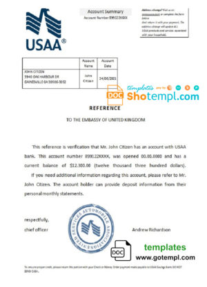 editable template, USA USAA bank account reference letter template in Word and PDF format