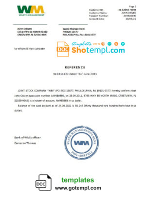 editable template, USA WM bank account reference letter template in Word and PDF format