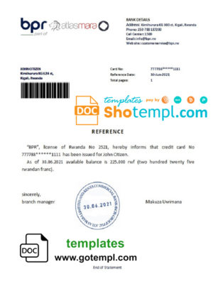 editable template, Rwanda BPR Atlasmara bank reference letter template in Word and PDF format