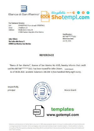 editable template, San Marino Banca di San Marino bank reference letter template in Word and PDF format