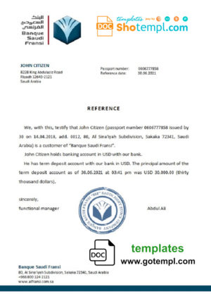 editable template, Saudi Arabia Banque Saudi Fransi bank reference letter template in Word and PDF format