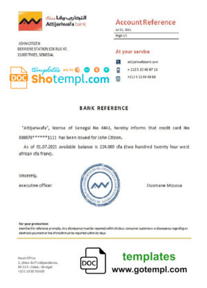 editable template, Senegal Attijariwafa bank reference letter template in Word and PDF format