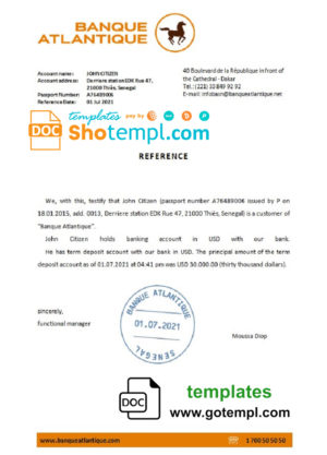 editable template, Senegal Banque Atlantique bank reference letter template in Word and PDF format