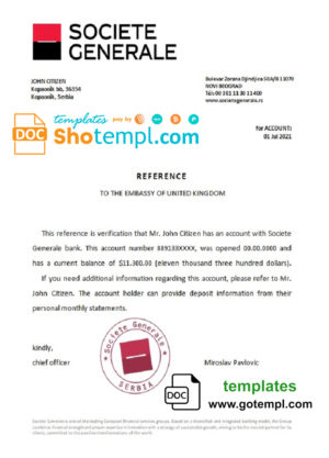editable template, Serbia Societe Generale bank reference letter template in Word and PDF format