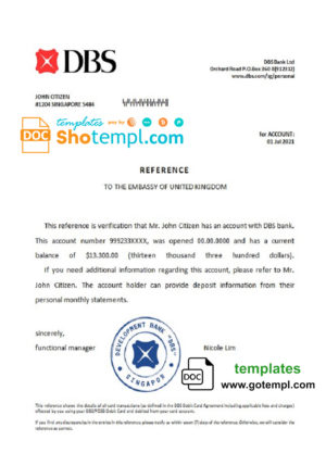 editable template, Singapore DBS bank reference letter template in Word and PDF format
