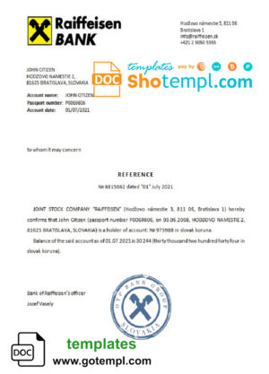 editable template, Slovakia Raiffeisen bank reference letter template in Word and PDF format