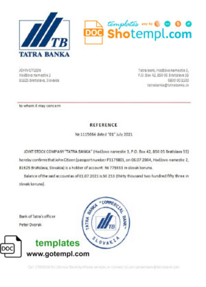 editable template, Slovakia Tatra Banka bank reference letter template in Word and PDF format