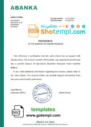 editable template, Slovenia Abanka bank reference letter template in Word and PDF format