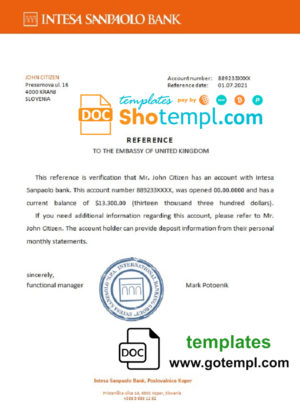 editable template, Slovenia Intesa Sanpaolo bank reference letter template in Word and PDF format