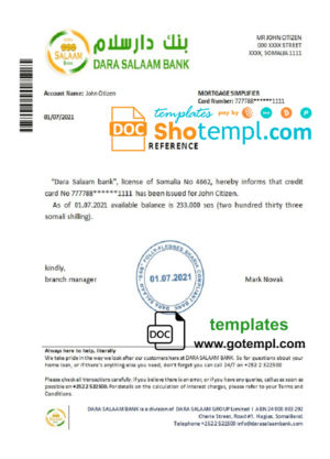editable template, Somalia Dara Salaam Bank bank reference letter template in Word and PDF format