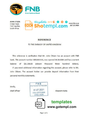 editable template, South Africa FNB bank reference letter template in Word and PDF format