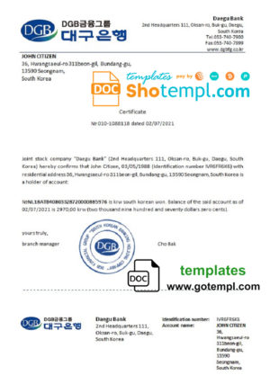 editable template, South Korea DGB Bank bank reference letter template in Word and PDF format